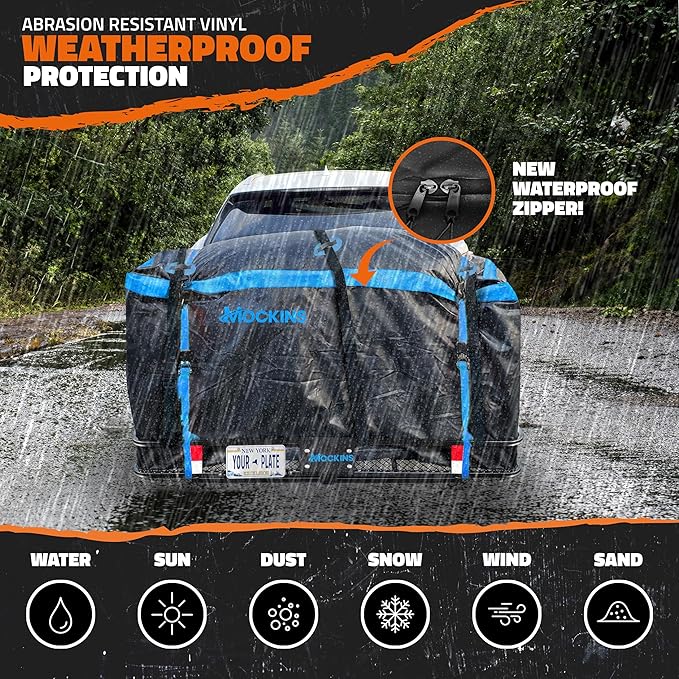 Mockins 60"x24"x6" Folding Trailer Hitch Cargo Carrier w/ 25 Cu Ft Waterproof Cargo Bag for Hitch Carrier | Heavy Duty 500 lbs Steel Luggage Rack for SUV, Car & Truck w/Plate Bracket & Accessories