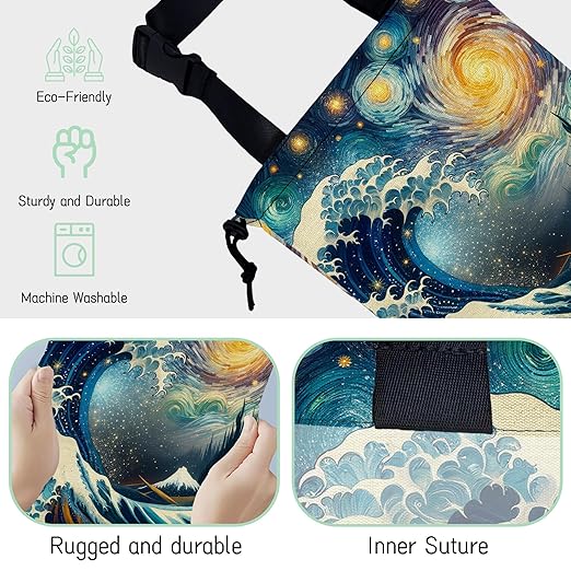 Sea Wave Car Trash Bag,Night Starry Sky Hanging Drawstring Car Garbage Bag,Waterproof Canvas Car Back Seat Organizer with Adjustable Buckle,for Vehicles,SUVs,Camping,Road Trips