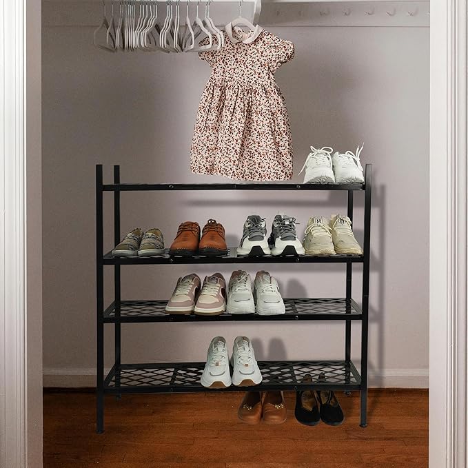 Shoe Rack, 4-Tier Long Shoe Rack, Stackable Shoe Storage Organizer Expandable Shoe Shelf Stand, Holds up to 25-30 Pairs of Sh