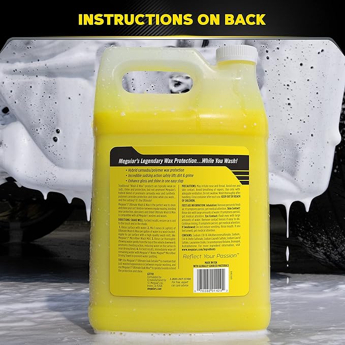 Meguiar's Ultimate Wash and Wax, Car Wash Soap and Wax Cleans & Shines in One Step, Shine & Protect with an Enhanced pH Balanced Car Paint Cleaner, 1 Gallon