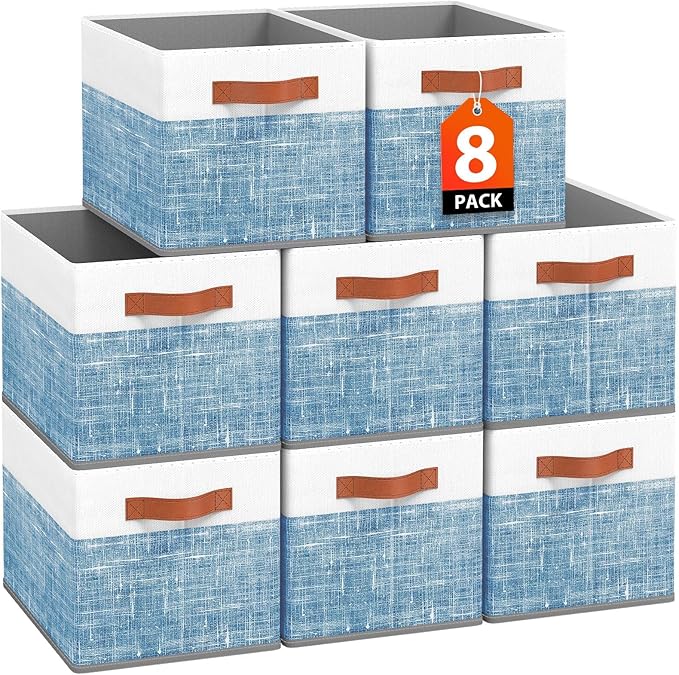 Fab totes Collapsible Storage Baskets for Shelves,14"x10", 8 Pack Foldable Fabric Storage Bins with Double Leather Handles, L