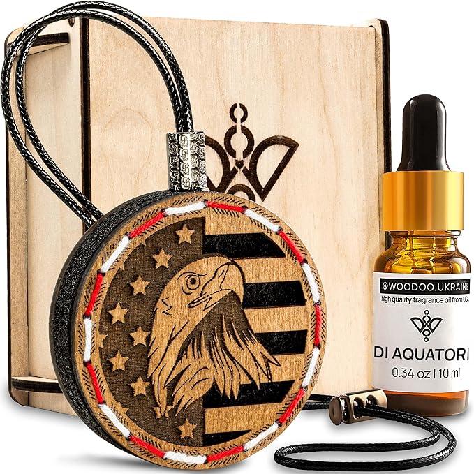 Handmade Wood Car Air Freshener — American Flag Designed Refillable Essential Oil Diffuser — Long Lasting diAquatoria Fragran