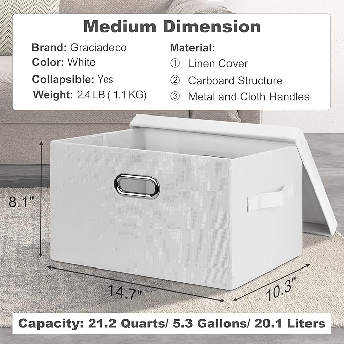 Graciadeco Medium 15" 21 Quart Collapsible Stackable Storage Bins with Lids, 1 Pack White Foldable Fabric Closet Storage Boxe