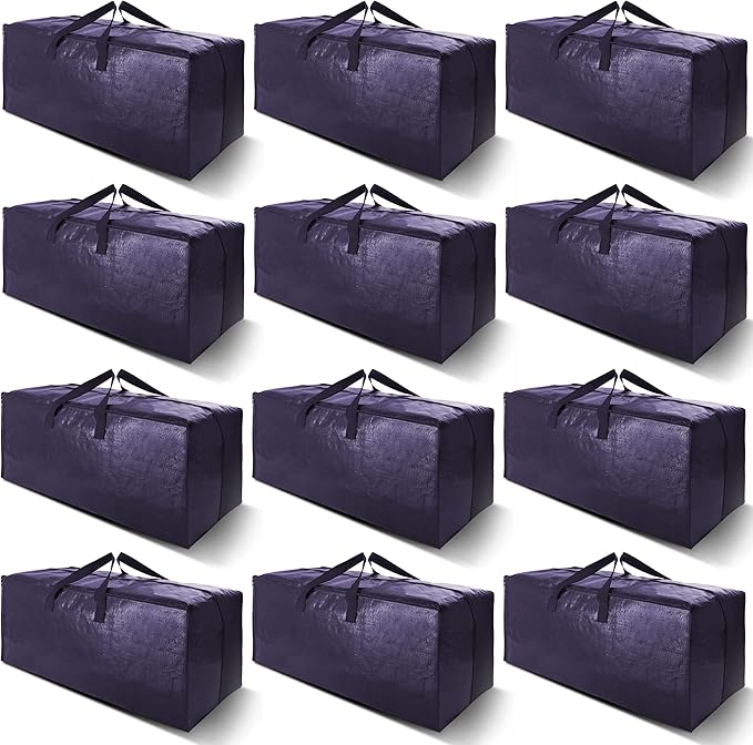 VELVETSURE 12 Pack Heavy Duty Extra Large Moving Bags W/Backpack Straps - Strong Handles & Zippers, Storage Totes For Space S