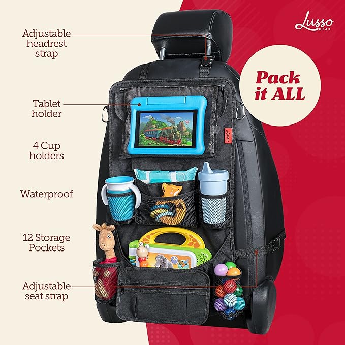 Lusso Gear Heavy Duty Back Seat Car Organizer Extra Large for Powerful Protection, Sag Proof & Reinforced Corners, Protects iPad & Backseat, 12 Versatile Car Seat Organizer Storage Compartments, (Red)