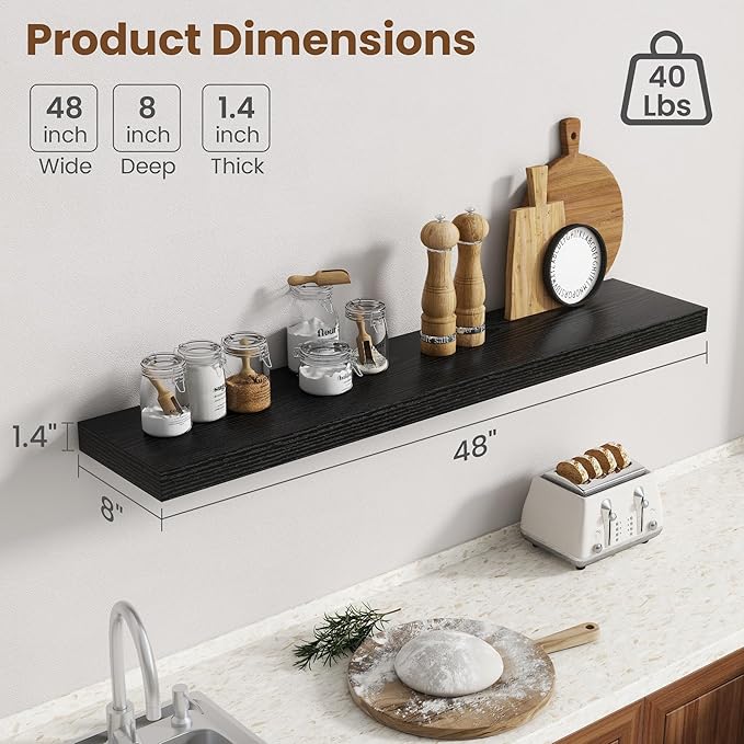 48 Inch Floating Shelves for Wall, 8 Inch Deep Floating Shelf for Storage & Display, Rustic Wall Mounted Shelf with Invisible