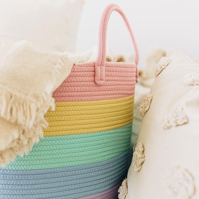 OrganiHaus Rainbow Blanket Basket for Classroom & Nursery, Extra Large Woven Laundry Basket w/Handles, Kids Toy Organizer & S