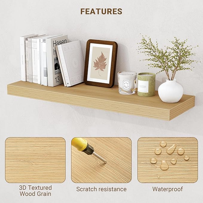 48 Inch Floating Shelves, 3D Textured Wood Grain, 48"x9.25"x1.5" Inch Deep Floating Shelves for Wall, Wooden Shelves for Bath