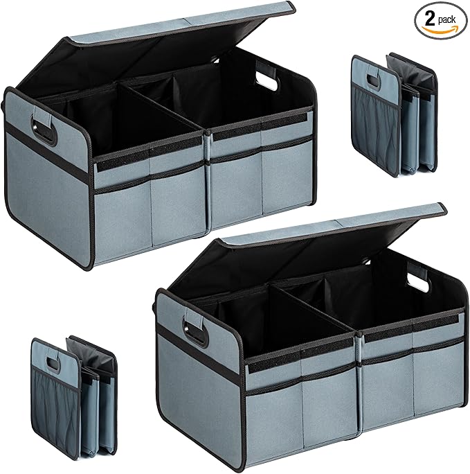Simple Deluxe Car Trunk Organizer with Lid, Collapsible 2 Compartment 50L Automotive Storage Box with 5 Pocket, 600D Waterproo