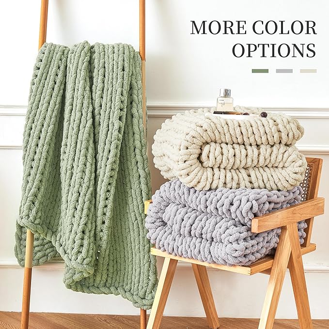 Admitrack Chunky Knit Blanket Throw, 100% Hand Knit Chenille Throw Blanket for Sofa & Home Decor, Soft and Cozy Knitted Throw