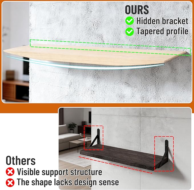 Floating Shelves for Concrete Wall: Solid Wood Shelf 15.75 and 23.6 inch with Heavy Duty Hidden Bracket for Display Books Pla