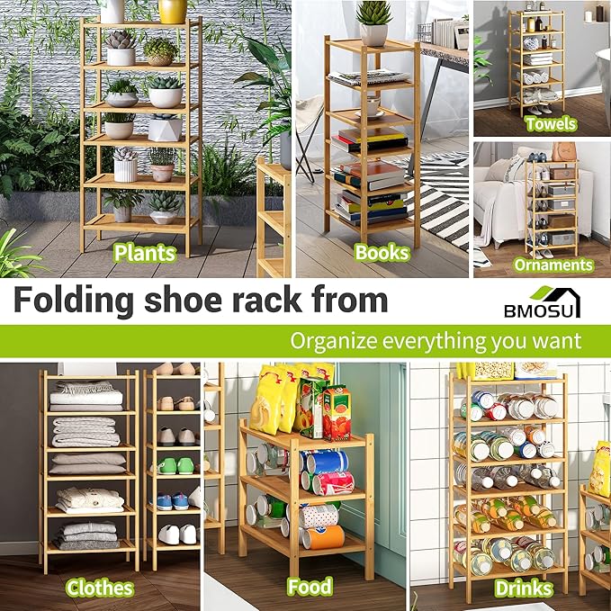 BMOSU 6-Tier Bamboo Small Shoe Rack Premium Stackable Shoe Shelf Storage Organizer for Hallway Closet Living Room Entryway Or