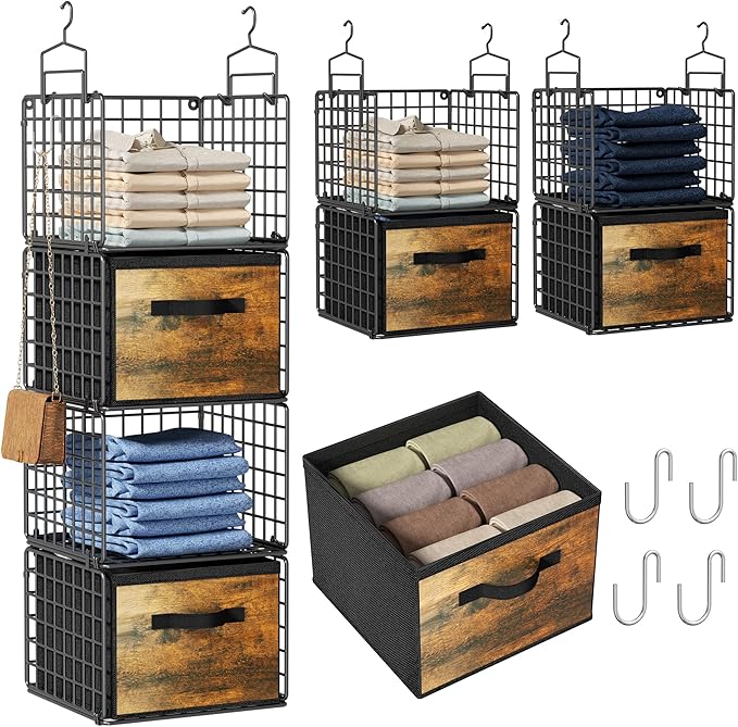 Hanging Closet Organizer with Drawers, 4 Tier Metal Closet Organizers and Storage with 4 Hanging Hooks 4 S-Hooks for Wardrobe