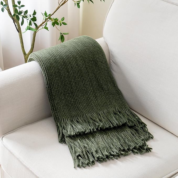 BATTILO HOME Olive Green Throw Blanket for Couch, Soft Chenille Knit Throws with Tassels for Home Decor, Green Blankets and T