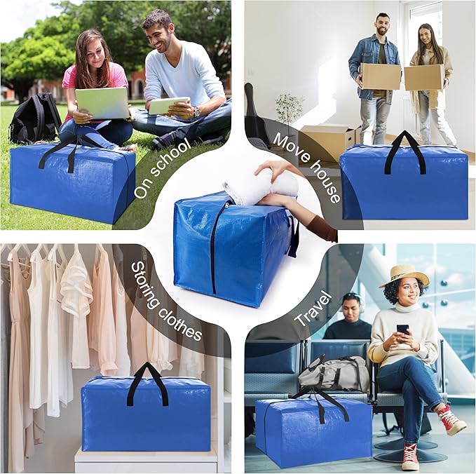 6 Pack Heavy Duty Extra Large Moving Bags W/Backpack Straps - Strong Handles & Zippers, Storage Totes For Space Saving, Fold 