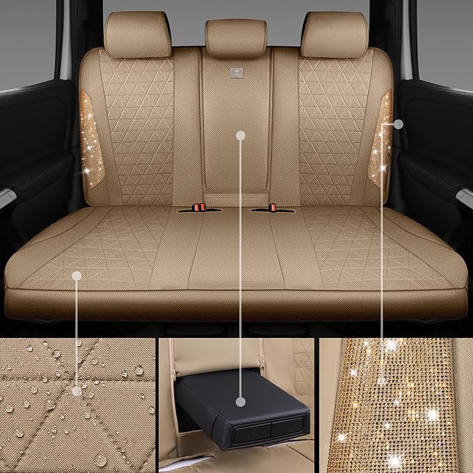 CAR PASS Beige Oxford Bling Diamond Car Seat Covers Full Set Interior Sets, Waterproof Shining Glitter Sparkly Crystal Univer