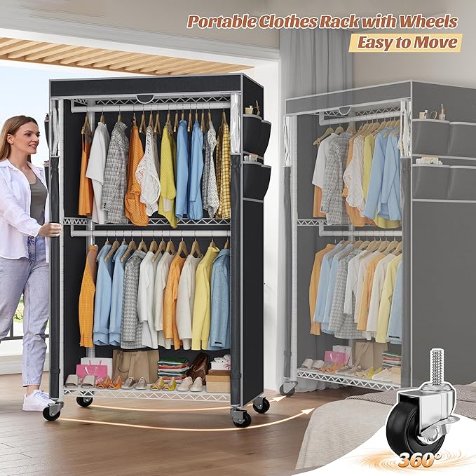 Raybee Rolling Clothes Rack with Cover Clothing Racks for Hanging Clothes Heavy Duty Portable Closet with Wheels Garment Rack