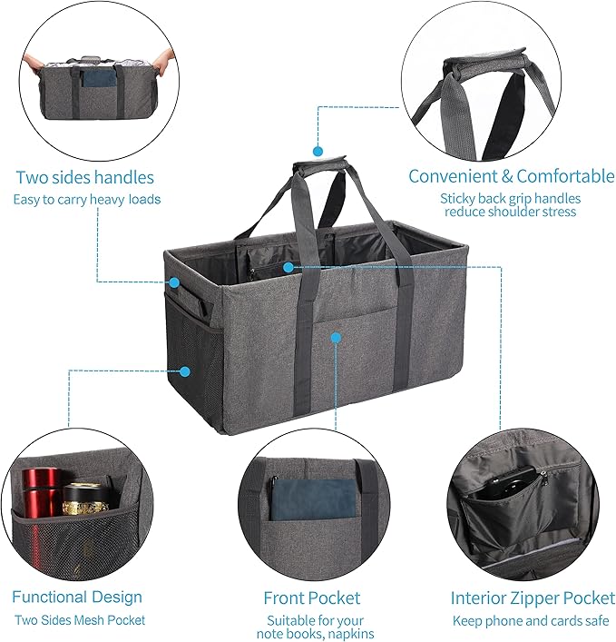 Joyfol Day Extra Large Utility Tote Bag, Reusable Grocery Bags Foldable,Upgraded Metal Frame, With Sturdy Handles Reinforced Bottom Heavy Duty Oxford Fabric Moving Shopping Bags, Gray