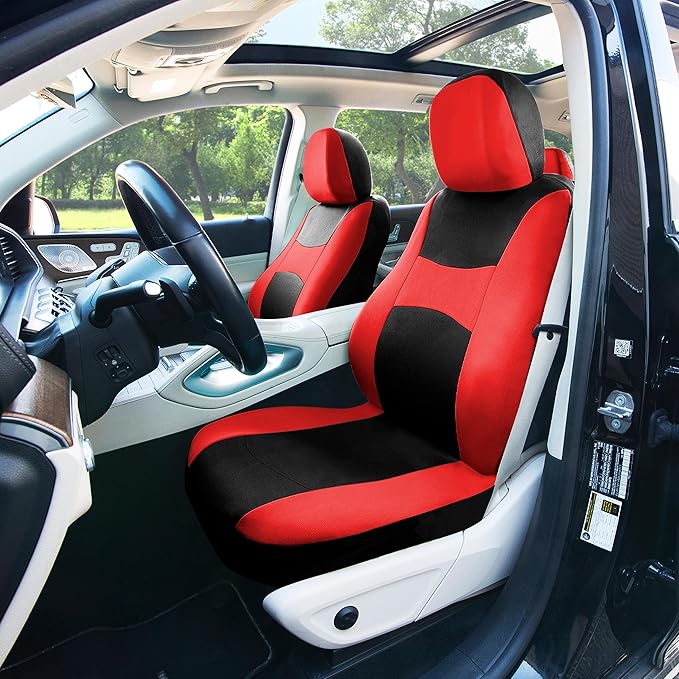 FH Group Car Seat Covers Front Set Red Cloth - Seat Covers for Low Back Car Seats with Removable Headrest, Universal Fit, Aut