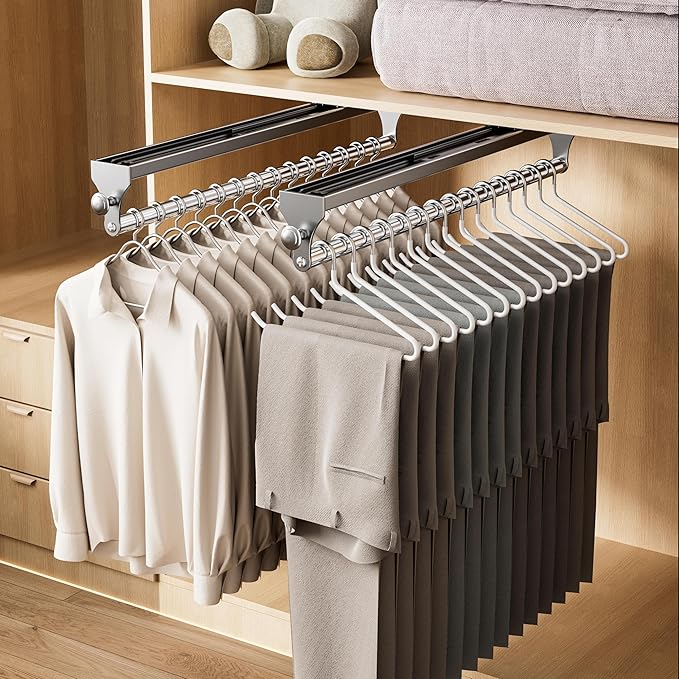 Pull Out Closet Rod, 13.7inch Heavy Duty Pants Rack, Adjustable Clothes Hanger Rail, Space Aluminum Valet Rod, Top Mounted Wa