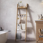 63" Bamboo Blanket Ladder with Shelf and 5 Hooks, 4 Tier Leaning Blanket Rack, Farmhouse Towel Ladder Rack, Decorative Quilt 