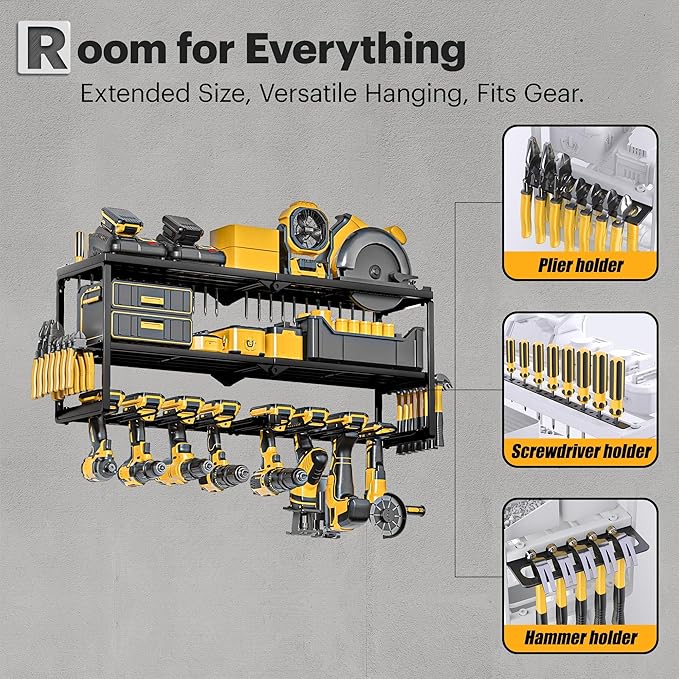 Spampur Power Tool Organizer Wall Mount, 15 Min Assembly & Maximum 100lb load by Heavy Duty Metal, 8 Drill Holder, 3 Layers G