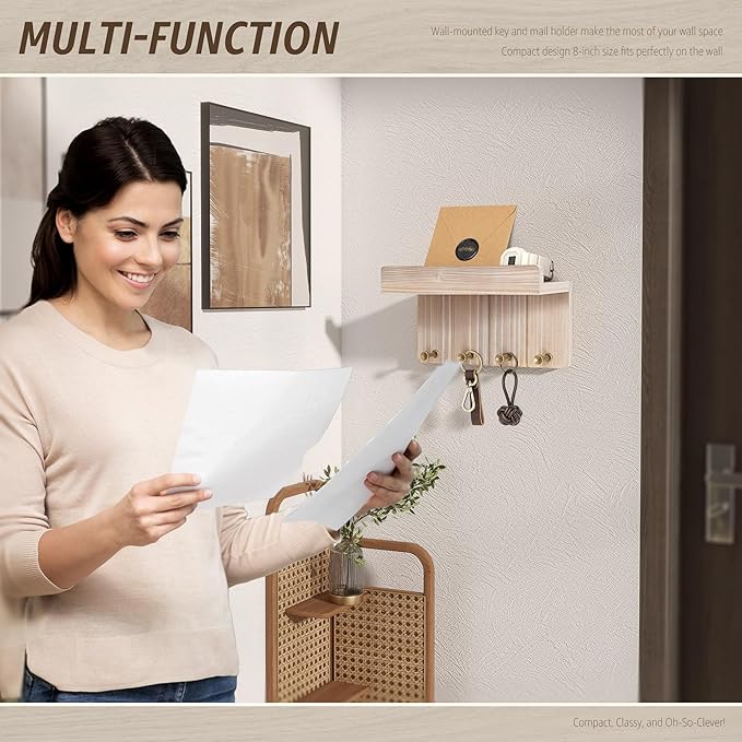 Rebee Vision Farmhouse Key Holder Wall Mount - Key and Mail Holder for Wall with Mini Floating Shelf and 4 Key Hooks - Perfec