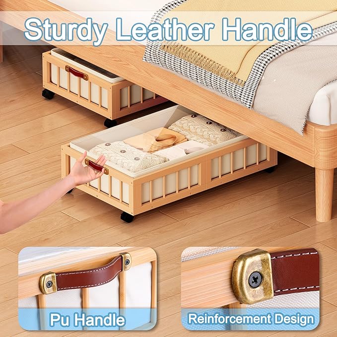 efluky 2-Pack Bamboo Under Bed Storage Containers with Wheels, Under Bed Clothes Storage Basket with Large Dust Bag, Rolling 