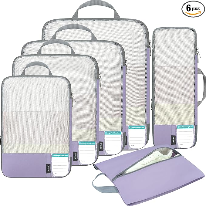 BAGAIL 6 Set Lightweight Compression Packing Cubes with Packing List, Anti-Tearing Expandable Organizer Bags for Travel, Dust