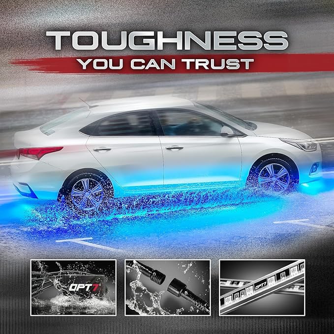 OPT7 Aura Aluminum Car Underglow Lights with Remote Control, Exterior Neon Accent Under Glow Kit for Cars, Waterproof Rigid Light Bars, 12V RGB Multicolor LED Strip, Easter Decorations