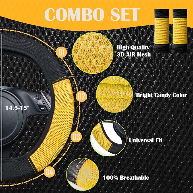 CAR PASS Universal 13PCS 3D Air Mesh-100% Breathable Seat Covers Full Sets Steering Wheel&Belt Cover Airbag and Rear Split Bench Compatible for 90% Automotive SUV Truck Cute Women Black Yellow