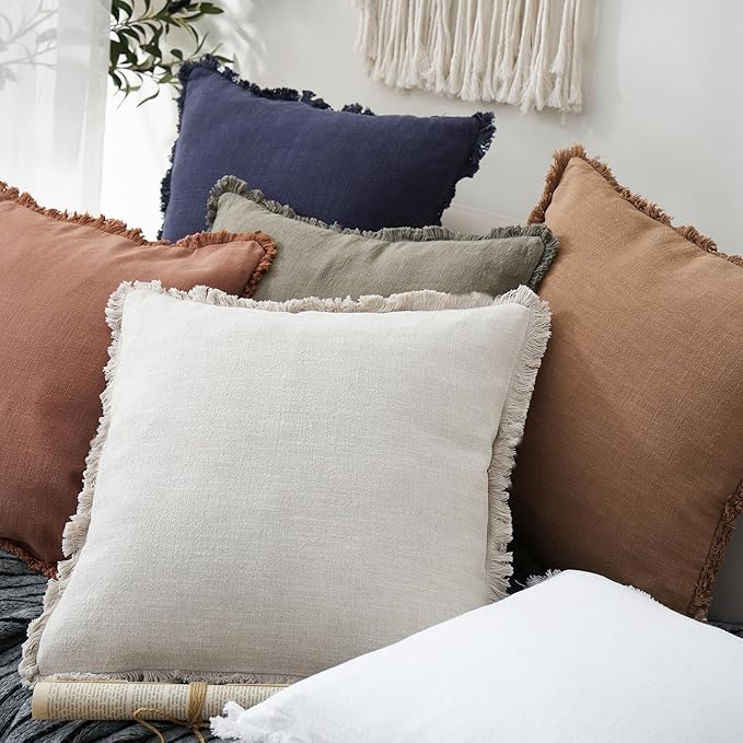 Foindtower Set of 2 Decorative Linen Fringe Throw Pillow Covers Cozy Farmhouse Boho Cushion Cover with Tassels Soft Accent Pi