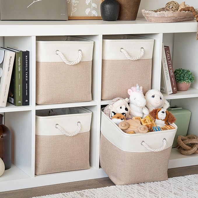 OrganiHaus 12x12 Cube Storage Bins 4 Pack, Foldable Cube Storage Organizer w/ Rope Handles, Collapsible Fabric Bins for Toys,