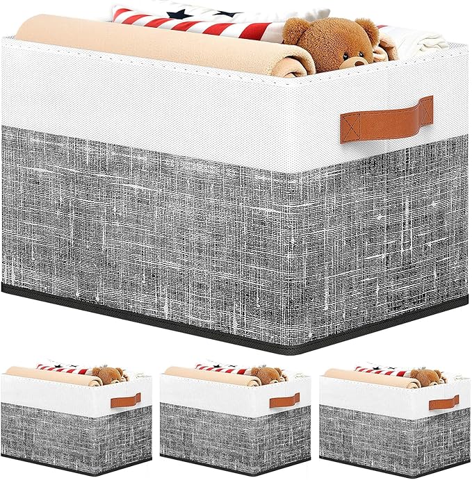 Fab totes Collapsible Storage Baskets for Shelves,14"x10", 4 Pack Foldable Fabric Storage Bins with Double Leather Handles, L