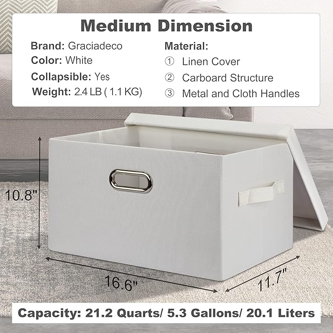 Graciadeco Medium 15" 21 Quart Collapsible Stackable Storage Bins with Lids, 5 Packs White Foldable Fabric Closet Storage Box