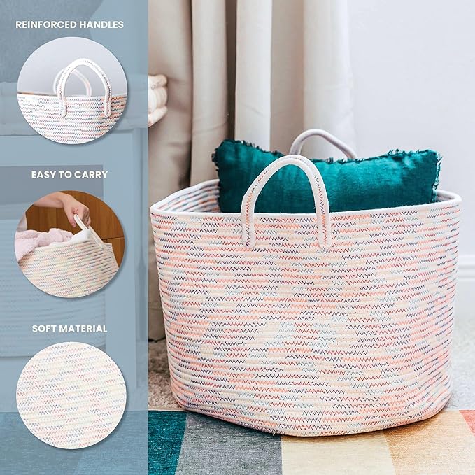 OrganiHaus Large Woven Storage Basket for Blankets and Toys 20" x 13" Inch, Rope Laundry Basket with Handles, Cushions & Pill