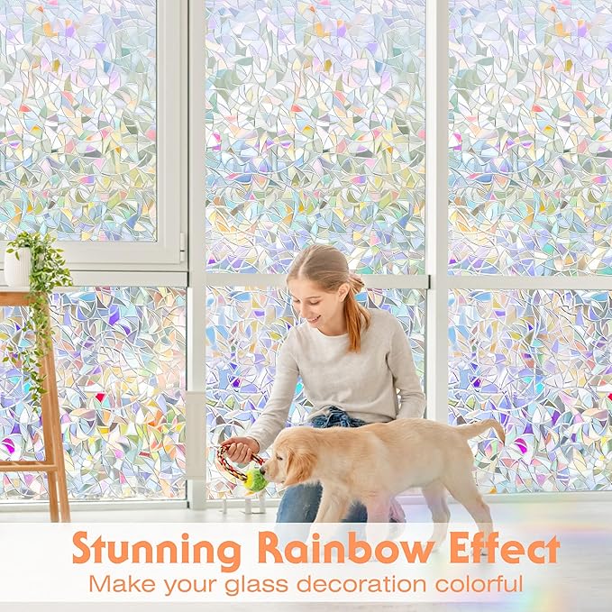 Hilarious Rainbow Window Privacy Film Glass Door Privacy Film Static Cling Tint Frosted 3D Decorative Window Film Sticker Privacy Decals Non-Adhesive Removable Stained Glass Film(27.55'' x 78.7'')