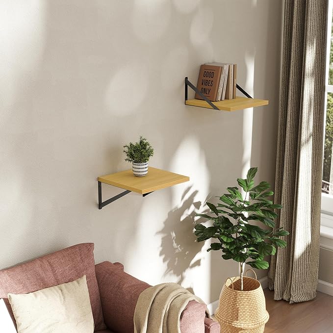 Deep Floating Shelves Wall Mounted, 12"x12" Oak Wall Shelves with Brackets Set of 2 for Bedroom, Living Room, Bathroom, Kitch