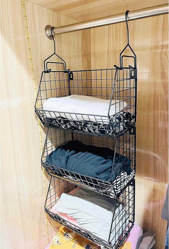3 Tier Hanging Foldable Wire Baskets Closet Organizer Clothes Shelves Countertop Caddy Bin Wall Mount Shelf Storage Basket fo