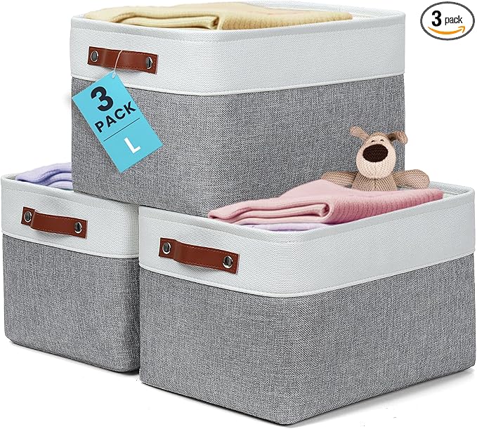 OrganiHaus Large Fabric Storage Baskets for Shelves 3 Pack, 15x11in Closet Storage Bins, Canvas Storage Bin for Organizing, C