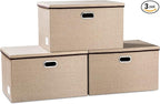 PRANDOM Extra Large Collapsible Storage Bins with Lids [3-Pack] Linen Fabric Foldable Storage Baskets Boxes Organizer Contain