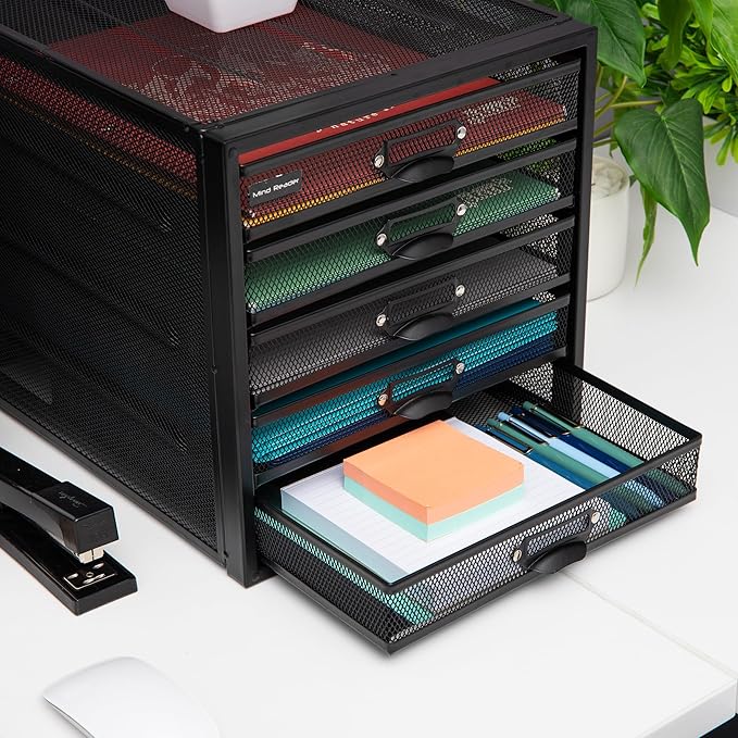 Mind Reader File Storage Drawers, Desk Organizer, Multi-Purpose, Crafts, Office, Metal Mesh, 11"L x 14"W x 11"H, Black, 5 Dra