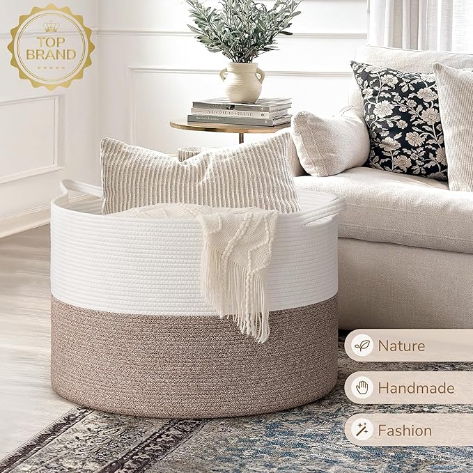 INDRESSME 115L Extra Large Blanket Basket, Soft Cotton Rope Storage Basket for Organizing, Home Decor, Toys, Laundry & Towels