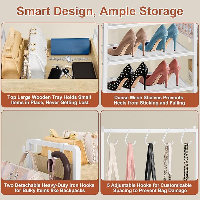 2-in-1 Shoe Rack for Closet with Purse Organizer, 5 Tier Shoes Shelf with Wooden Tray and Removable Shelves, Storage Organize