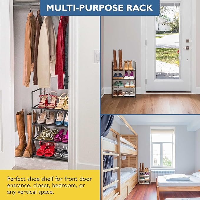Sundaze Shoe Rack - 4 Tier Shoe Rack for Closet, Sturdy Stackable Shoe Organizer for Closet, Bedroom, Entryway, Garage, Non W