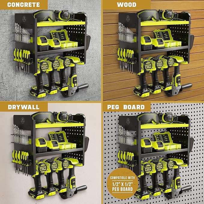 BUILTSTRONG Heavy-Duty Metal Tool Storage Rack - 3-Tier Wall Mount Organizer, Drill Holder, Utility Racks, PegBoard Side, Gar