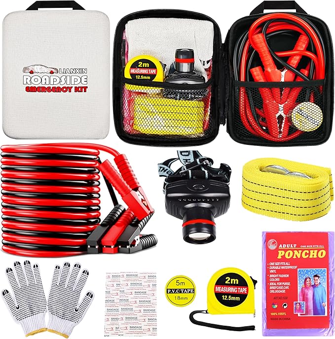 Car Emergency Roadside Tool Kit, Auto Emergency Kits Vehicles, with Jumper Cables kit，Car Safety Roadside Assistance Kit,Head