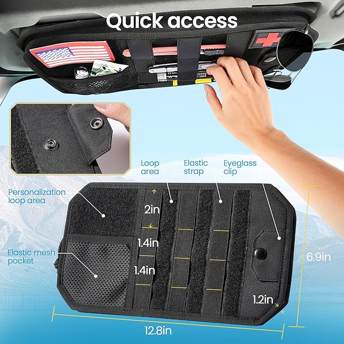 Car Sun Visor Organizer with MOLLE Panel and Zipper Storage Pouch Hard PE Board Prevents Sagging Tactical Gear Attachment Includes Sunglasses Holder Clip Fits Most Cars Trucks SUVs and Vans