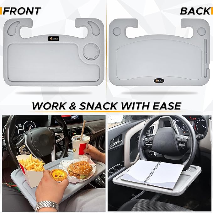 EcoNour 2 in 1 Car Steering Wheel Tray (Grey) | Multipurpose Car Steering Wheel Desk for Laptop and Food | Car Tray for Eating | Steering Wheel Accessories