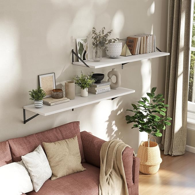 Deep Floating Shelves Wall Mounted, 48"x12" White Wall Shelves with Brackets Set of 2 for Bedroom, Living Room, Bathroom, Kit